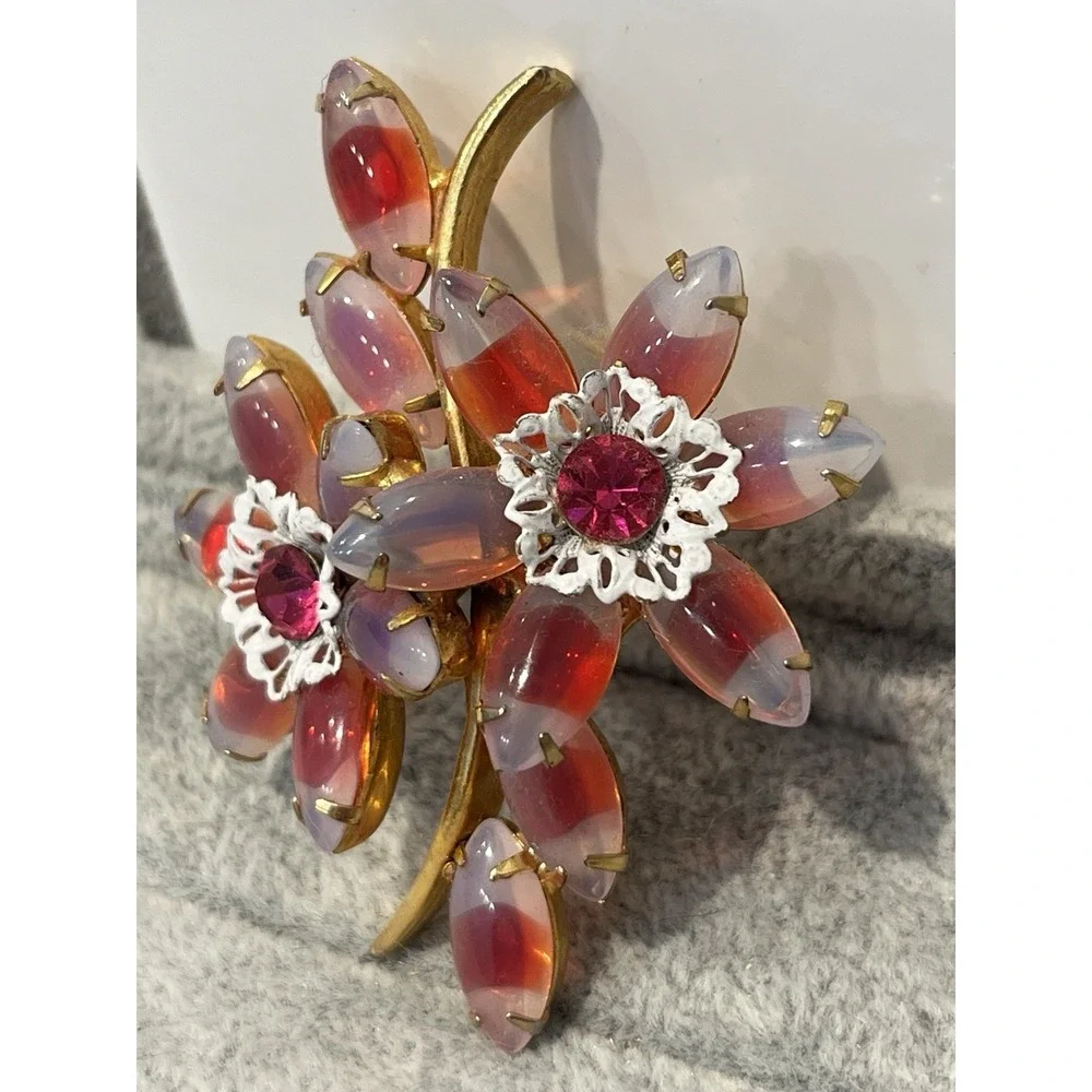 Pink Rhinestone Givre Molded Brooch Layered AB Flower Spray Prong- Juliana Style